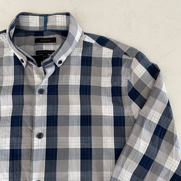 RW&CO. Slim Fit 100% Cotton Button Down Plaid Shirt Navy White Grey Sz XS - Picture 2 of 14